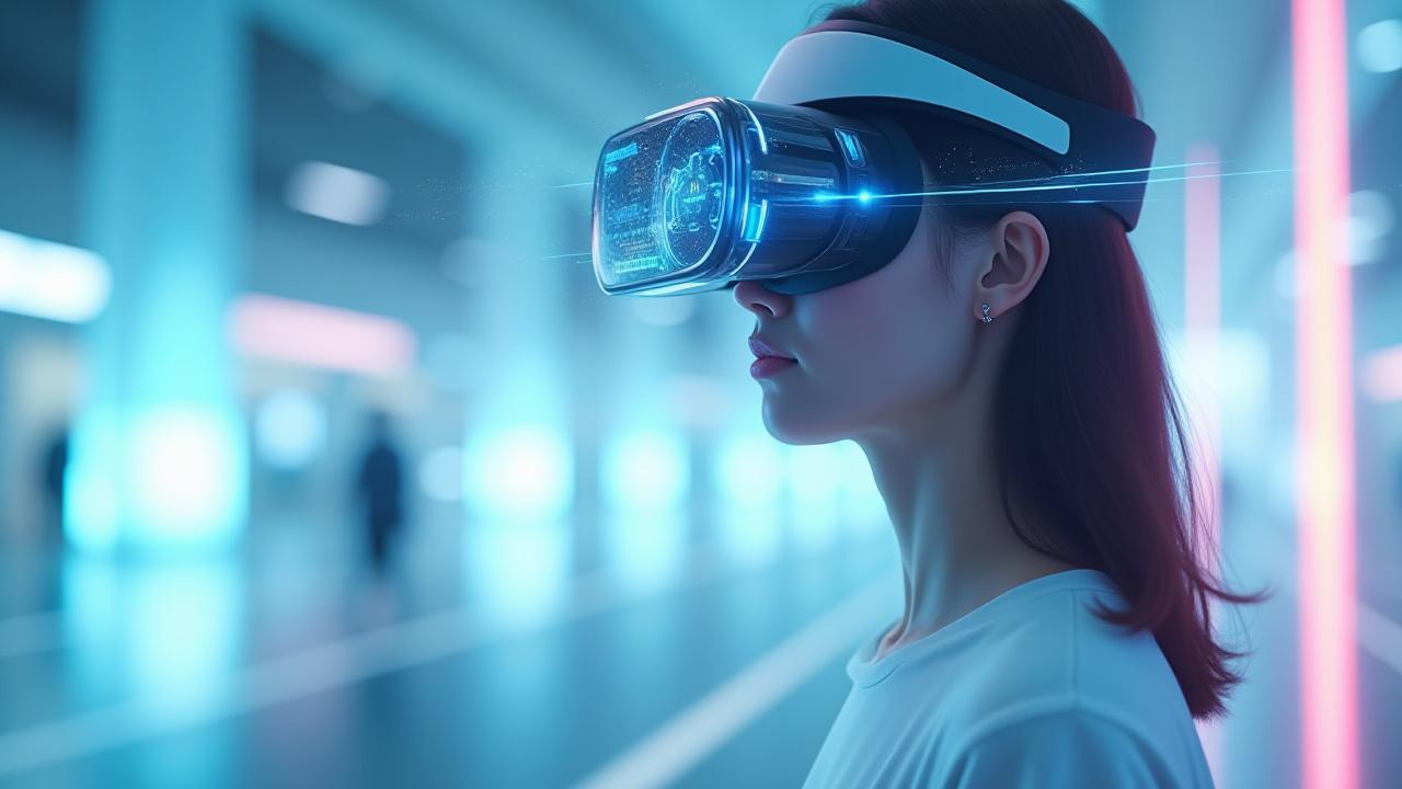 VRヘッドセットを装着した人が体験している仮想空間と現実世界を重ね合わせた、未来的なAR/VR/XRゲーム開発の世界