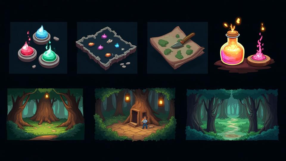 Photoshop, Illustrator, Asepriteで制作されたゲーム用UIアイコン、アイテムイラスト、ピクセルアートなどの2Dアセット