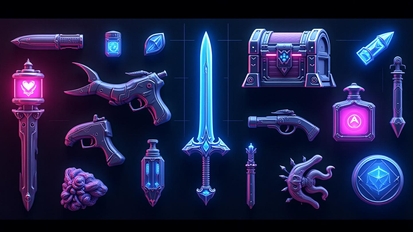 ゲーム制作で使用される様々な2Dおよび3Dアセットの集合体、剣、宝箱、ポーション、UIアイコンなどがスタイリッシュに配置されたグリッド背景