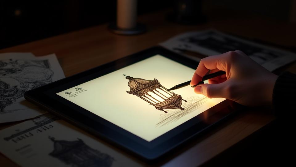 魔法のランタンのコンセプトスケッチと参考資料のコラージュ