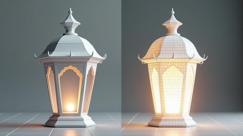 魔法のランタンのローポリゴンモデルと展開されたUVマップ