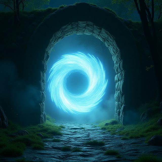 神秘的な光を放つファンタジーポータルの3Dレンダリング