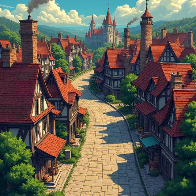 色彩豊かで詳細なピクセルアートの町並み