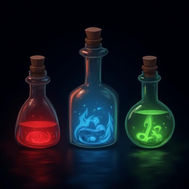 異なる色と形のファンタジーポーションボトルセットの2Dイラスト