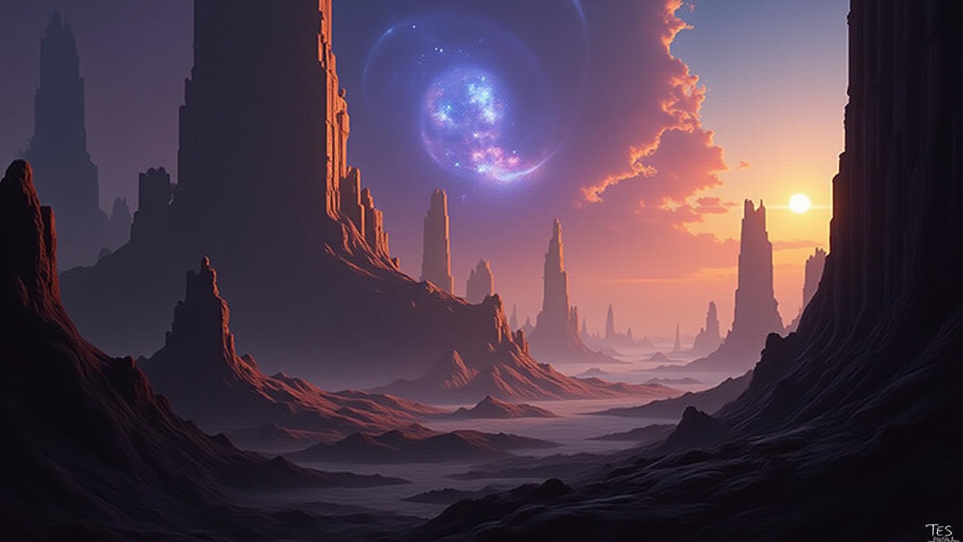 雄大な山々と未来的な建造物が融合した壮大なコンセプトアート