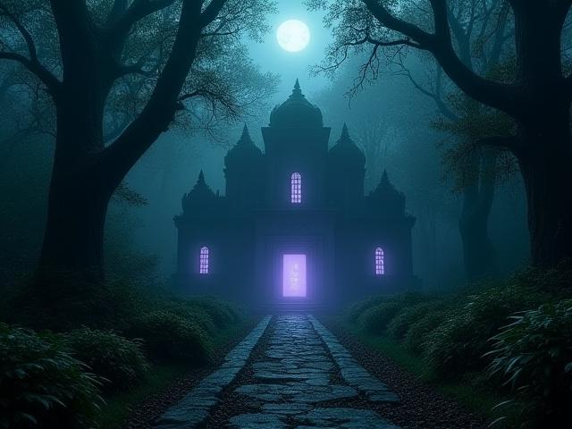 薄明りの森に佇む神秘的な遺跡のゲーム背景アート